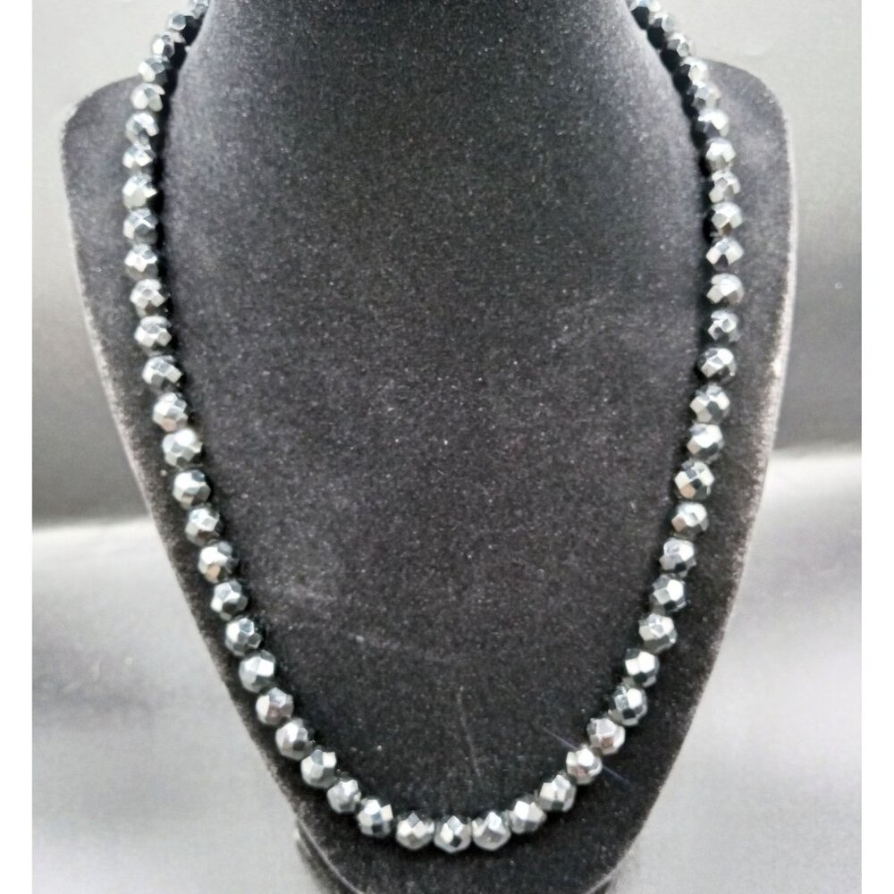 Black Beaded Necklace Box Clasp Vintage 20 Inch Chain Faceted Beads Jewelry